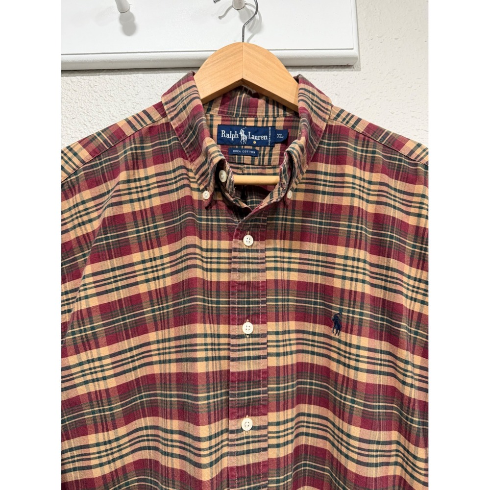 VTG Ralph Lauren Plaid Button Down Shirt Mens XL Tan Red Cotton Long Sleeve
